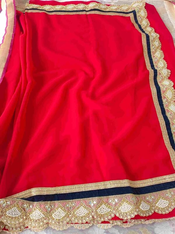 Red Designer Saree with mirror work blouse