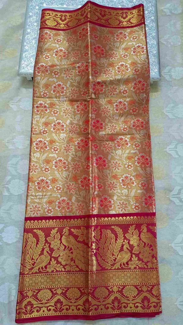 Red Kanjivaram Tissue Saree with Peacock Border 1