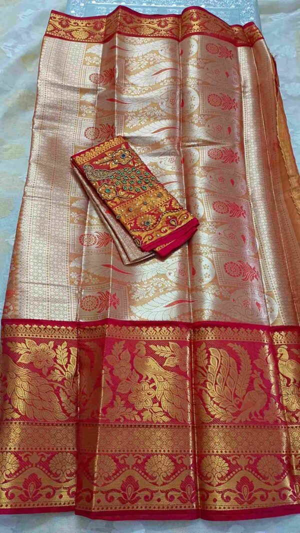 Red Kanjivaram Tissue Saree with Peacock Border 2