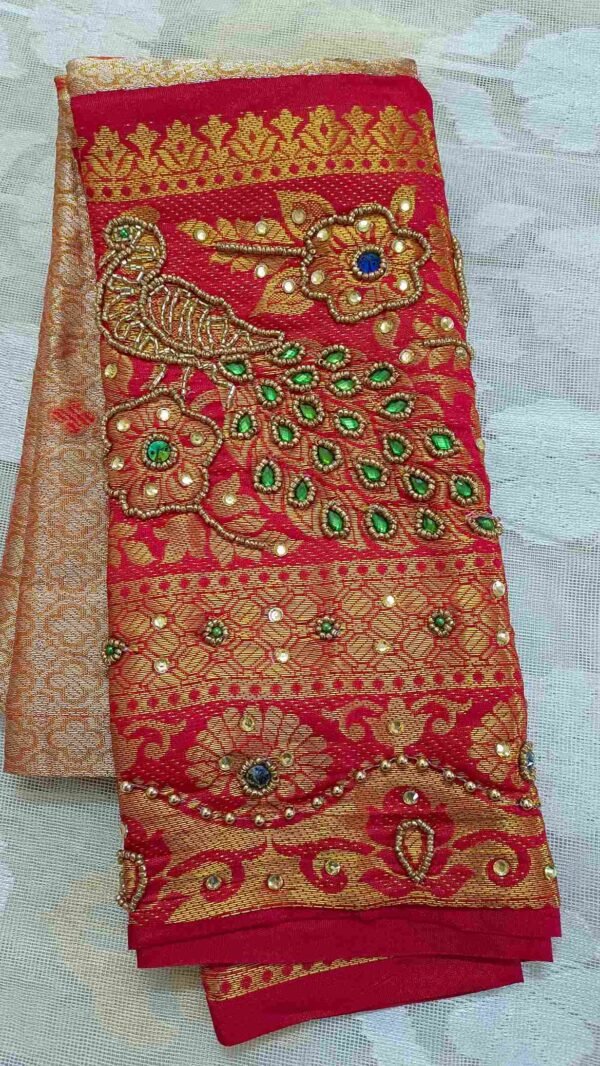 Red Kanjivaram Tissue Saree with Peacock Border 3