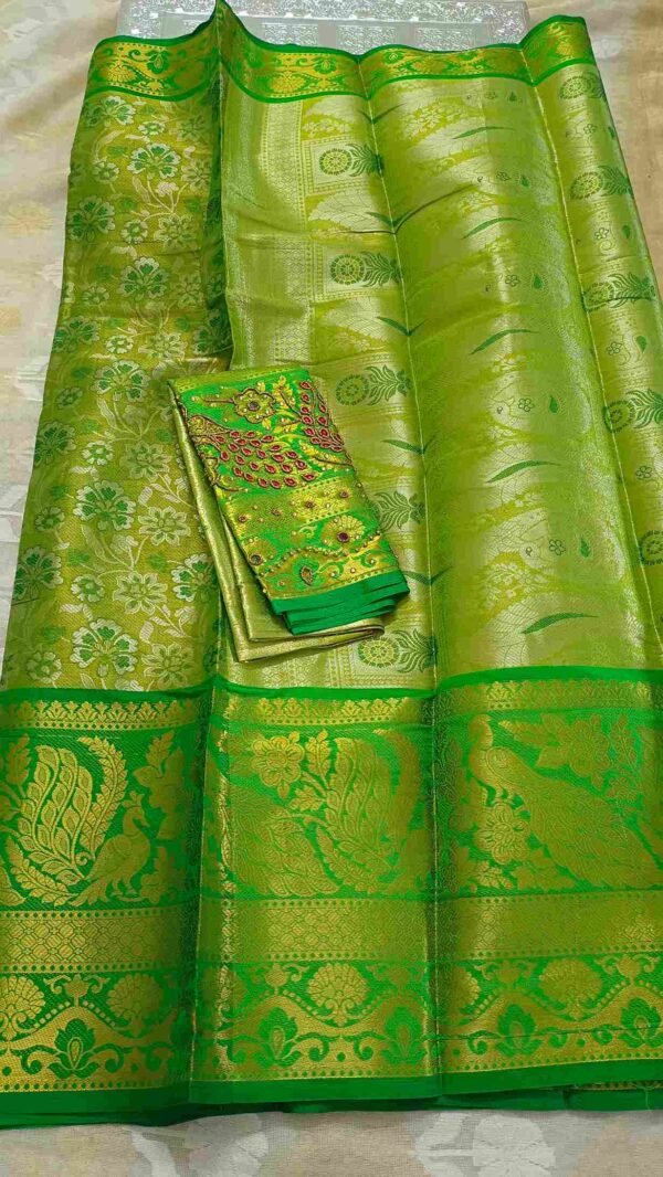 Parrot Green Kanjivaram Tissue Saree with Peacock Border 2