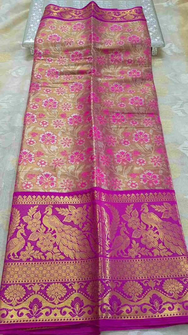 Pink Kanjivaram Tissue Saree with Peacock Border 1