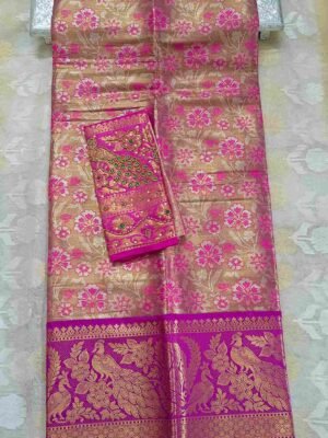 Pink Kanjivaram Tissue Saree with Peacock Border