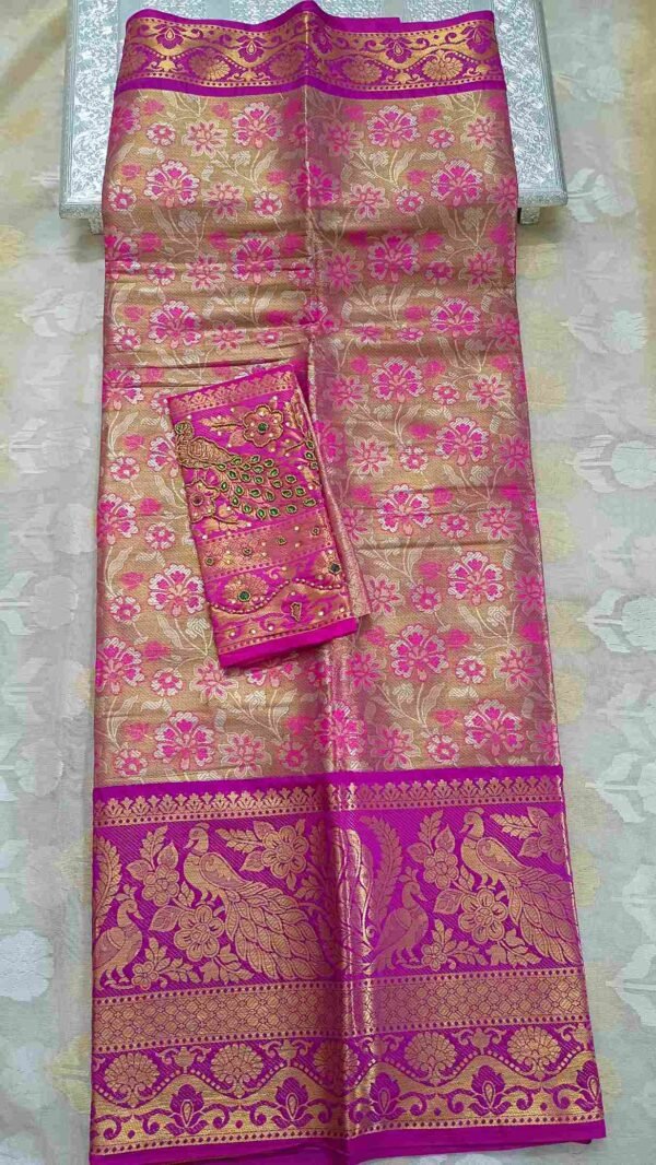 Pink Kanjivaram Tissue Saree with Peacock Border