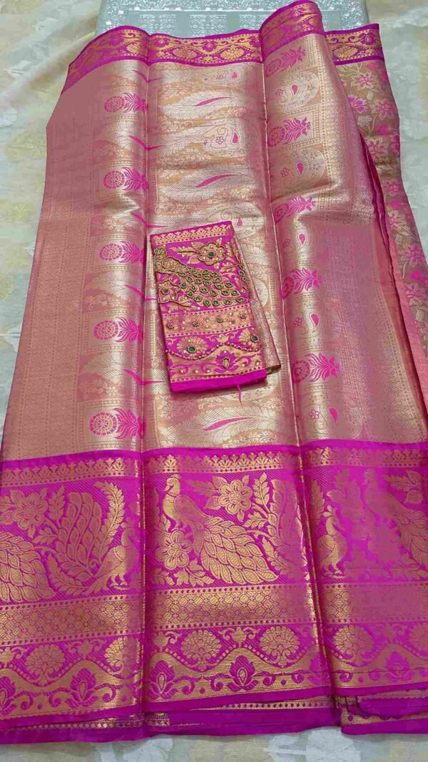 Pink Kanjivaram Tissue Saree with Peacock Border 2