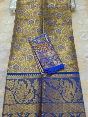 Blue Kanjivaram Tissue Saree with Peacock Border