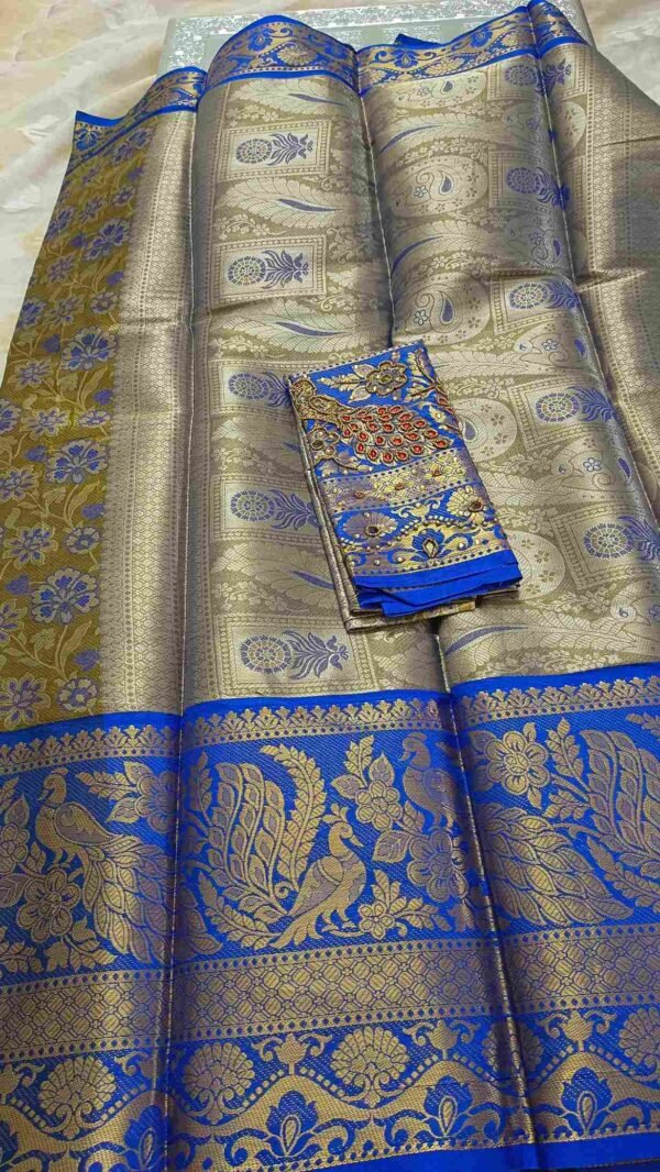 Blue Kanjivaram Tissue Saree with Peacock Border 2